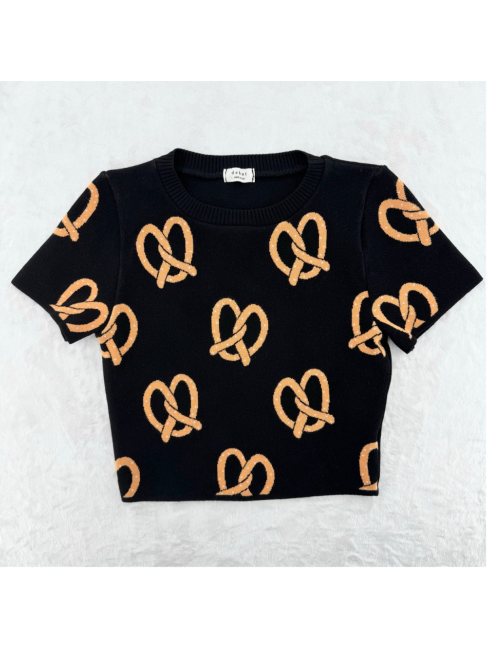Pretzel Sweater by Debut Cropped Short Sleeve Bodycon Black Brown Size M/L